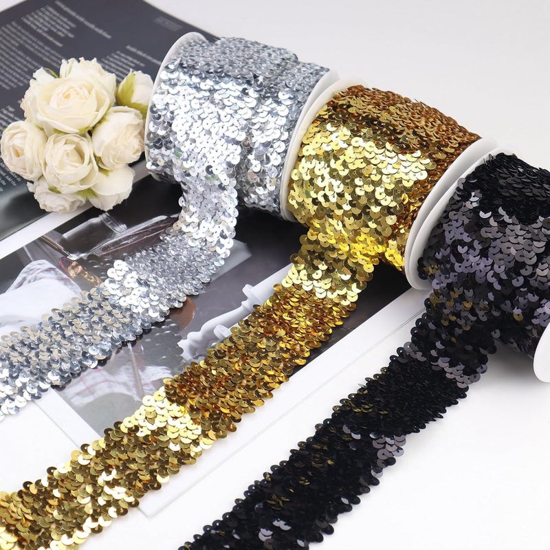 GXTIZAS Elastic Sequin Ribbon Trim 1.6 Inch Wide Black Metallic Sequins Trim 5 Yards Stretch Lace for Sewing Clothes Home Party Decoration - Image 4